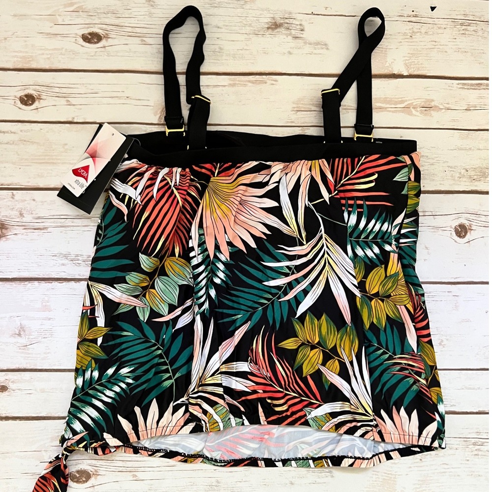 NWT Maxine of Hollywood Tankini Top Multicolor Tropical Floral Gold Foil Size 12